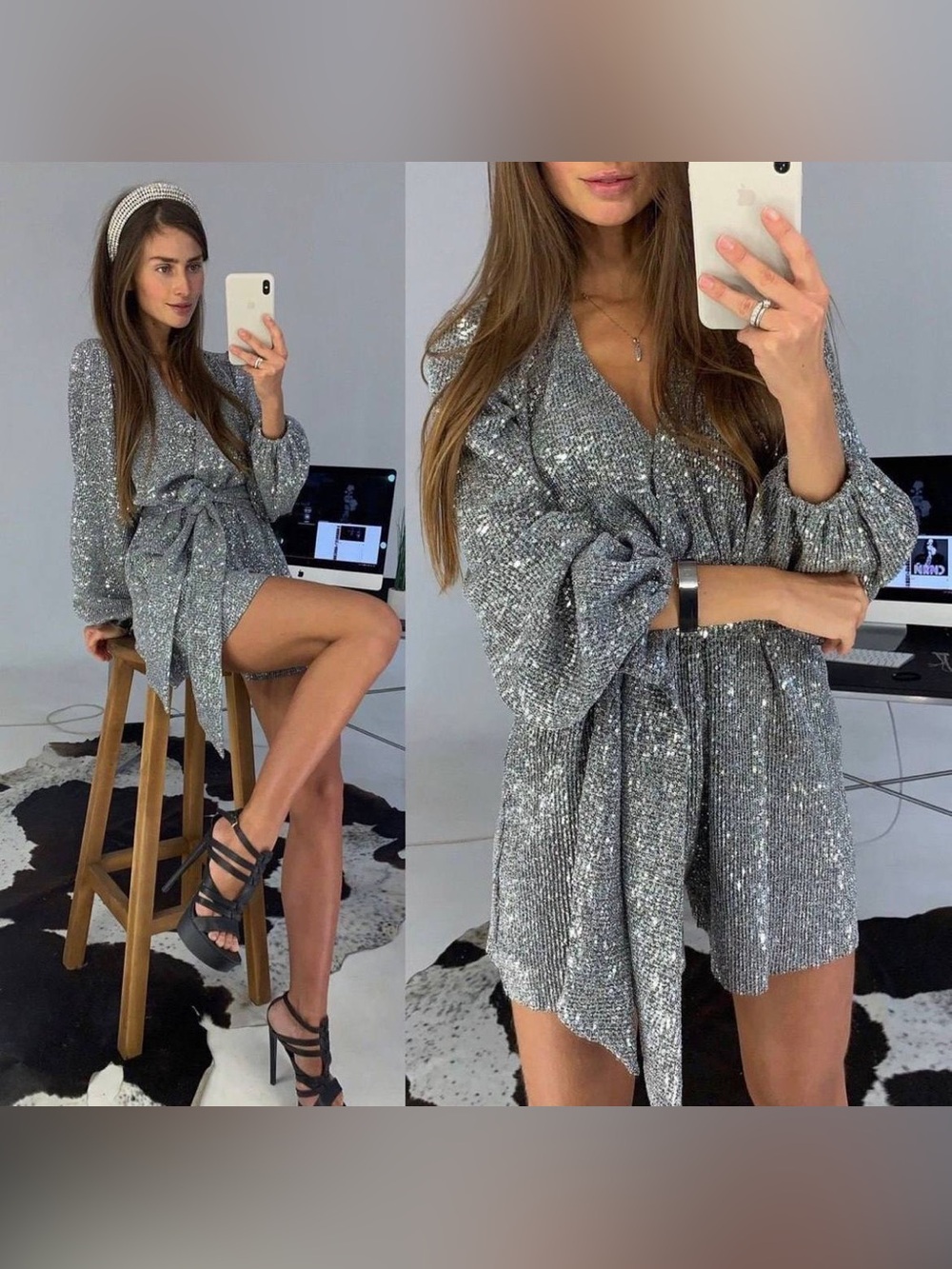 Sparkle Knit Wrap Mini Dress - Silver